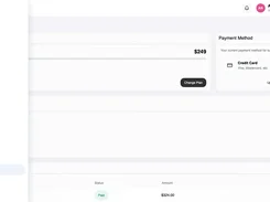 AFP Monster payment settings page showing navigation, a $249 plan amount, payment-method controls, and a paid $324.00 entry.