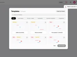AFP Monster automation template-selection dialog with categories and template cards, overlaid by a failure notification.
