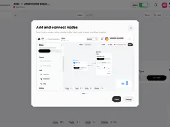 AFP Monster automation editor with an “Add and connect nodes” tutorial dialog and a workflow canvas behind it.
