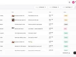 AFP Monster Activity page listing users, social posts, comments, dates, and moderation statuses such as Hidden, Deleted, Error, and Replied.