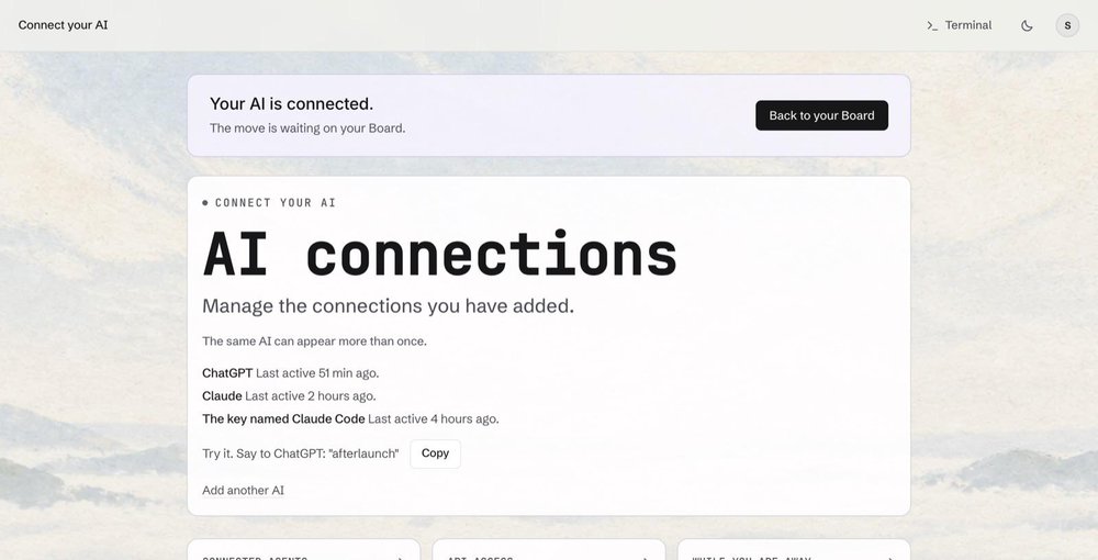 AfterLaunch AI Connections page showing a confirmation that an AI is connected, with ChatGPT, Claude, and Claude Code listed as active connections.