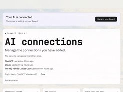 AfterLaunch AI Connections page showing a confirmation that an AI is connected, with ChatGPT, Claude, and Claude Code listed as active connections.