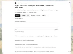 AfterLaunch task detail modal for drafting an X post about setting up an SEO agent with Claude Code and an MCP server, with posting options and draft text.