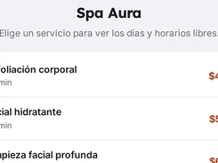 A Spanish booking page headed “Spa Aura” listing services including Exfoliación corporal, Facial hidratante, and Limpieza facial profunda with durations and prices.
