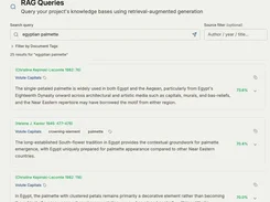 Agent Bayes RAG Queries page with a search for “egyptian palmette” and ranked source excerpts from the Volute Capitals knowledge base.