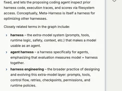 Agent Bayes conversation titled “Clarifying the term Meta-Harness,” displaying an AI response with related-term bullets and a context-enabled prompt composer.