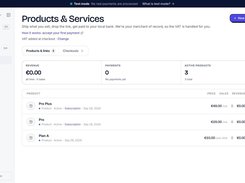 Products and Services page listing three products, their prices, sales, and revenue.
