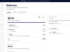 Balances overview showing €8.76 split between available, on-the-way, and reserve funds, plus payout settings.