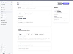 Create a new product form for a Starter guide, with product image upload, description, and one-time €19 pricing.