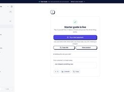 Product-publishing confirmation for a live Starter guide, with test-payment, copy-link, and view-product controls.