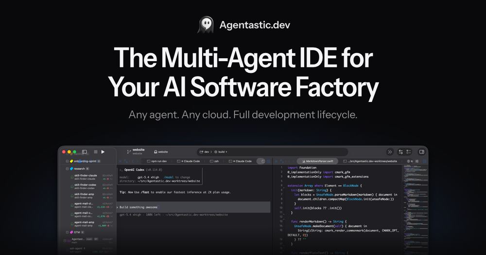 Agentastic.dev graphic showing the headline “The Multi-Agent IDE for Your AI Software Factory” above a dark IDE interface with a file explorer, agent prompt panel, and code editor.