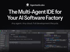 Agentastic.dev graphic showing the headline “The Multi-Agent IDE for Your AI Software Factory” above a dark IDE interface with a file explorer, agent prompt panel, and code editor.