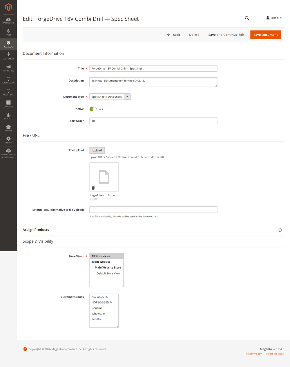 Magento-style admin edit page for a ForgeDrive 18V Combi Drill spec sheet, with document fields, file upload, product assignment, store views, and customer groups.