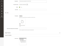 Magento-style admin edit page for a ForgeDrive 18V Combi Drill spec sheet, with document fields, file upload, product assignment, store views, and customer groups.