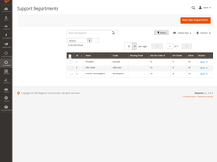 Magento-style admin page titled “Support Departments” listing Pre-Sales, After-Sales, and Product Tech Support departments.