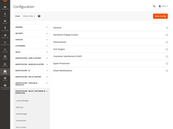 Magento-style configuration page with AgenticEcom settings groups including Storefront Popup, Attachments, SLA Targets, Customer Satisfaction, Spam Protection, and Email Notifications.