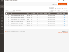 Magento-style admin page titled “Product Documents” listing six product document records with types, file extensions, statuses, and creation dates.