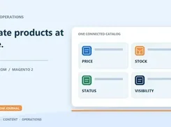 Catalog operations graphic titled “Update products at scale” showing one connected catalog with Price, Stock, Status, and Visibility sections.