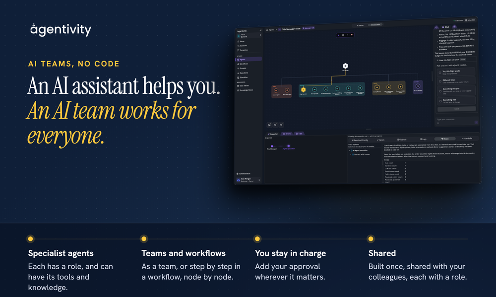 Agents and teams built once and shared with colleagues on the Pro and Business plans, each with a role.