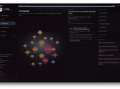 AgentRidge Mission Control cartography view showing an attack-surface network graph, selected host details, workflows, and security findings.