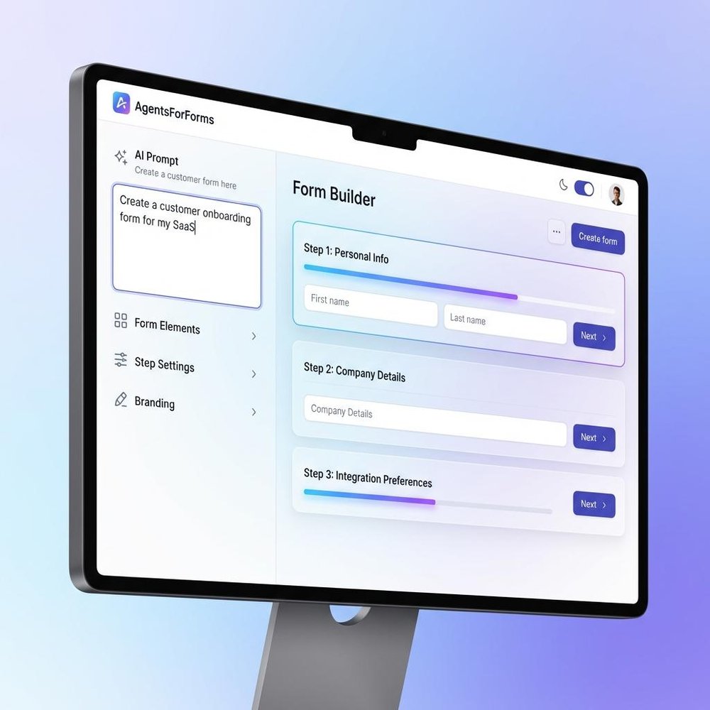 AgentsForForms form builder with an AI prompt and multi-step customer onboarding form.