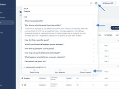 AgeShield desktop Guests page with an open help and FAQ panel, highlighted help icon, and support options.