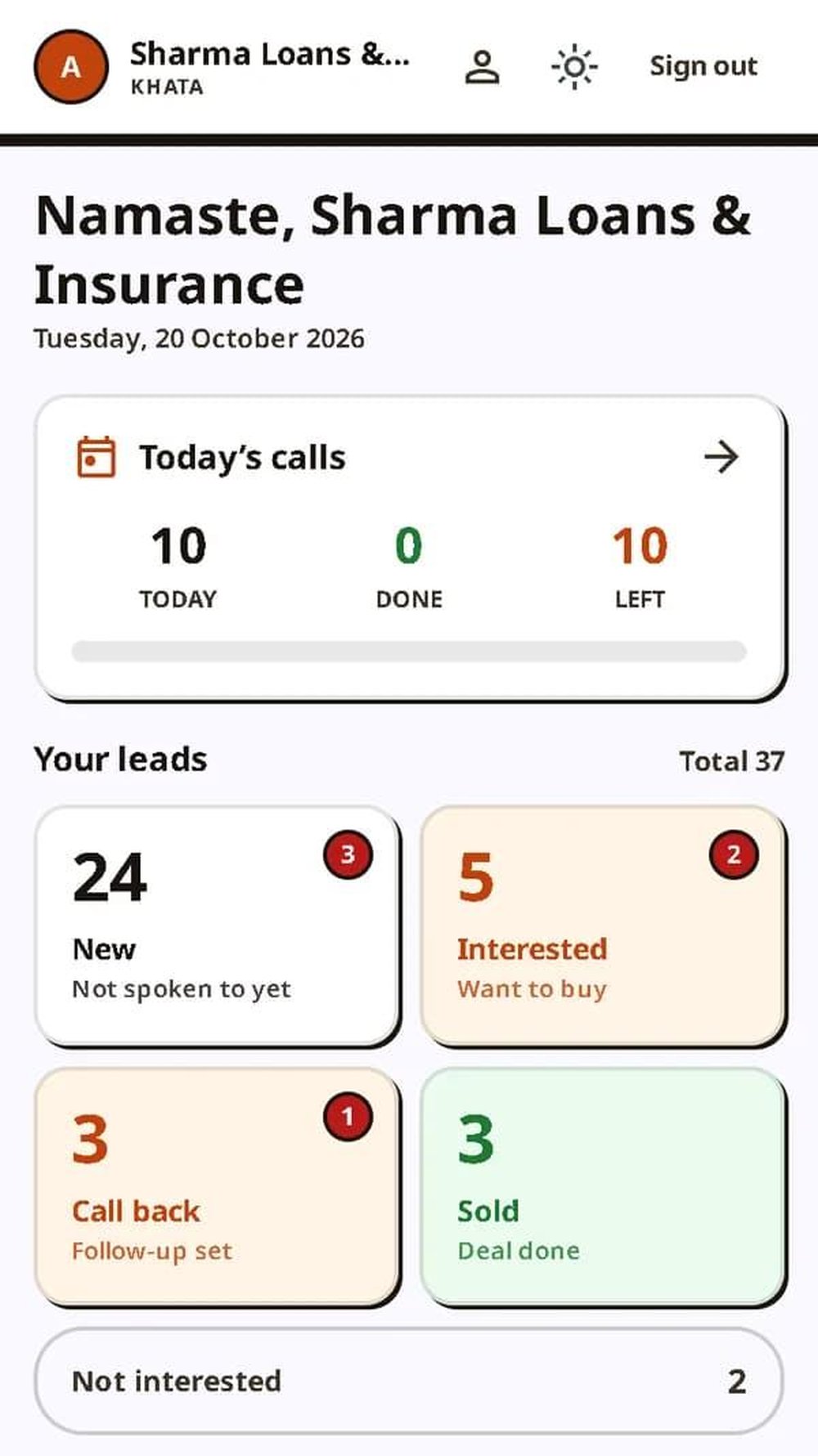 Agniix dashboard showing daily calls and lead counts by sales status.
