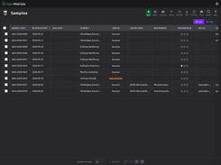 Sample register with status, lab method, instrument, batch entry, barcode and CSV export