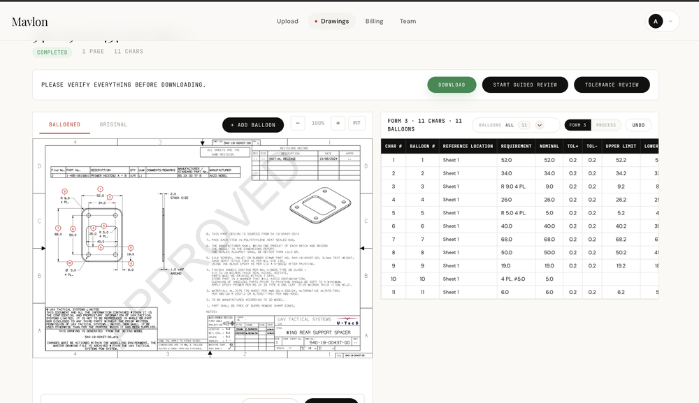 Mavlon analysing technical drawing, interpreting the tolerances and generating inspection report