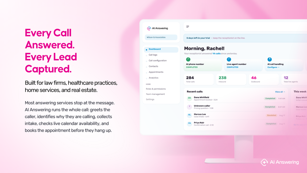 Handles calls, intake, and appointment booking from start to finish.