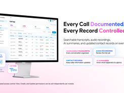 Calls are organized with searchable transcripts, recordings, AI summaries, contact records, analytics, and role-based access controls.