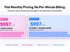 AI Answering offers flat monthly plans with AI-only or AI plus human agent support, along with flexible volume-based options.