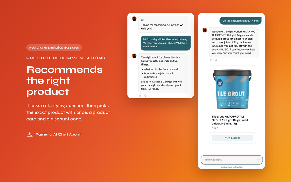 AI product recommendations: asks a clarifying question, then recommends the exact product with price and a discount code