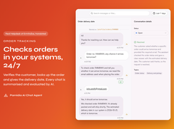 Order tracking 24/7: verifies the customer and gives the delivery date, with an AI summary in the Helpdesk