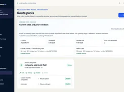 AI Gateway HQ Routes page showing verified price evidence, route pools, model rate windows, and enabled route targets.