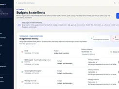 AI Gateway HQ Budgets & rate limits page showing threshold email-delivery evidence and budget notification statuses.