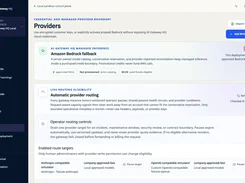 AI Gateway HQ Providers page showing Amazon Bedrock fallback, automatic provider routing, routing controls, and enabled route targets.