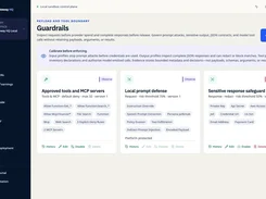 AI Gateway HQ Guardrails page with cards for approved tools and MCP servers, local prompt defense, and sensitive-response safeguards.
