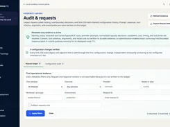 AI Gateway HQ Audit & requests page with metadata-only evidence notices, ledger tabs, and operational-evidence filter fields.