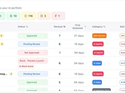 AIBound AI Risk dashboard showing risk-grade totals and a table of detected AI tools with approval status, device counts, categories, and sub-categories.