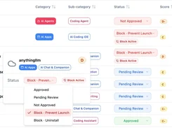 AIBound application inventory table with an open status menu for the anythingllm entry, showing approval and blocking options.