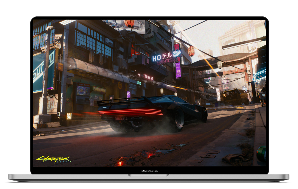 Cyberpunk 2077 gameplay displayed on a MacBook Pro.
