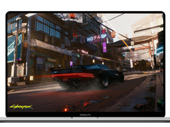 Cyberpunk 2077 gameplay displayed on a MacBook Pro.