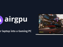 Airgpu promotional graphic showing Cyberpunk 2077 running on a MacBook Pro.