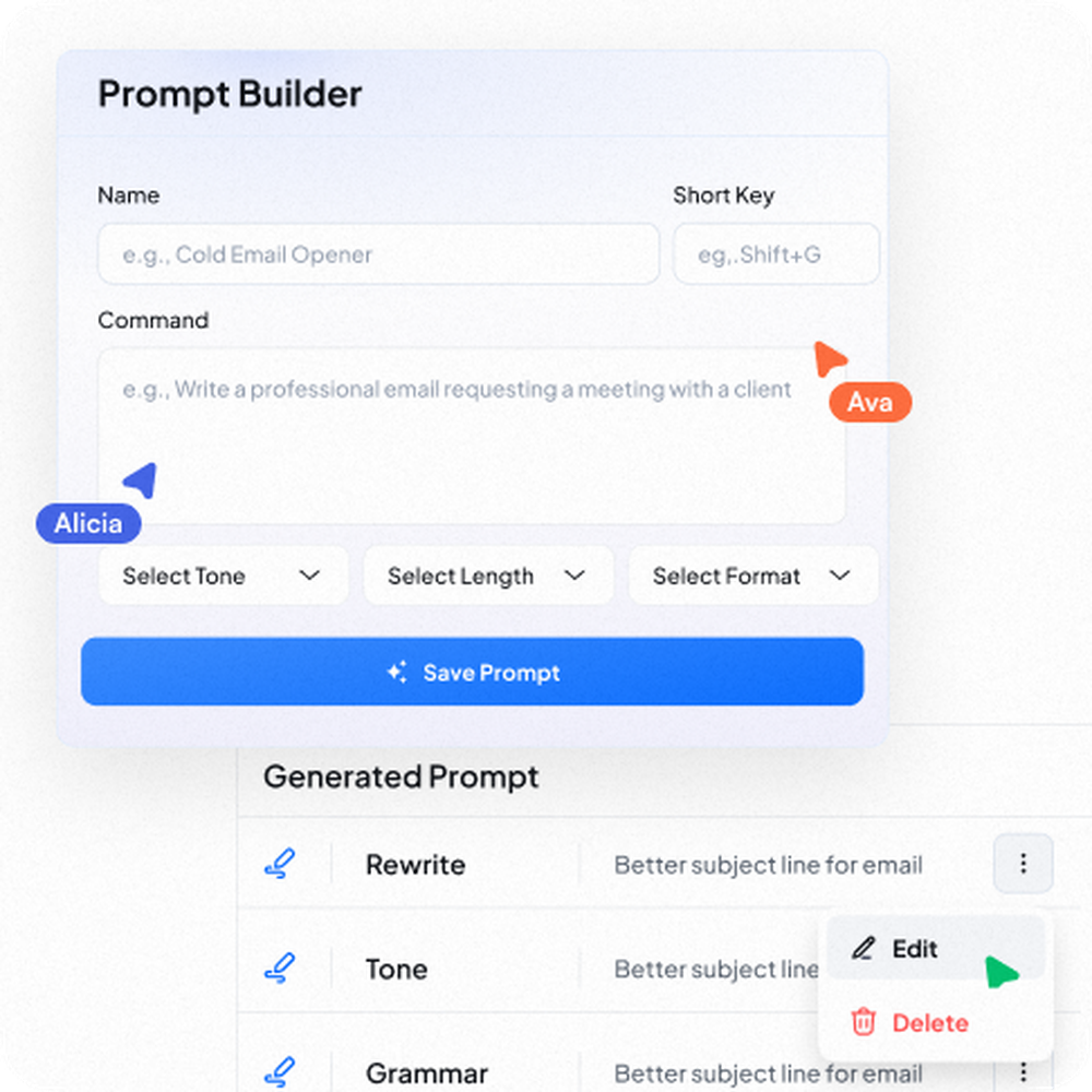A Prompt Builder interface with fields for name, shortcut key, and command, tone/length/format selectors, a Save Prompt button, and a generated-prompt list.