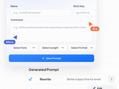 A Prompt Builder interface with fields for name, shortcut key, and command, tone/length/format selectors, a Save Prompt button, and a generated-prompt list.