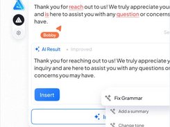 Writing assistant interface showing an original message with grammar underlines, an AI Result marked Improved, an Insert button, and a menu offering Fix Grammar, Add a summary, Change tone, and Rewrite.