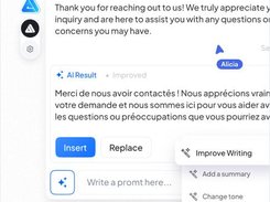 Writing assistant interface with a French AI result, Insert and Replace buttons, a prompt field, and an Improve Writing menu.