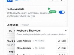 Aissista settings screen with an enable toggle, language section, blocked-site fields, and an open Keyboard Shortcuts panel.
