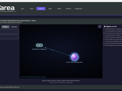 AITarea Agentes page showing two running agents, a central task-node graph, and a live activity log panel.